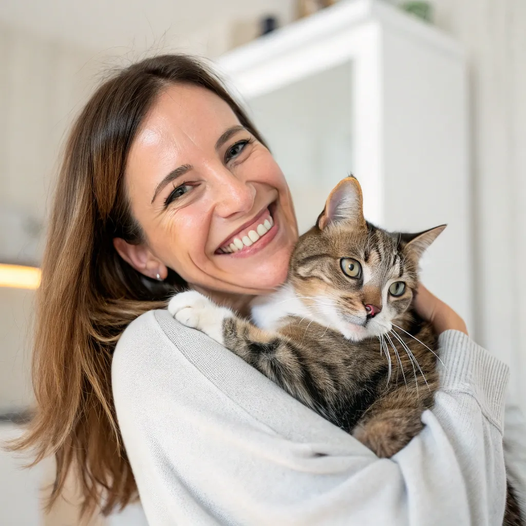 A smiling woman holding a cat